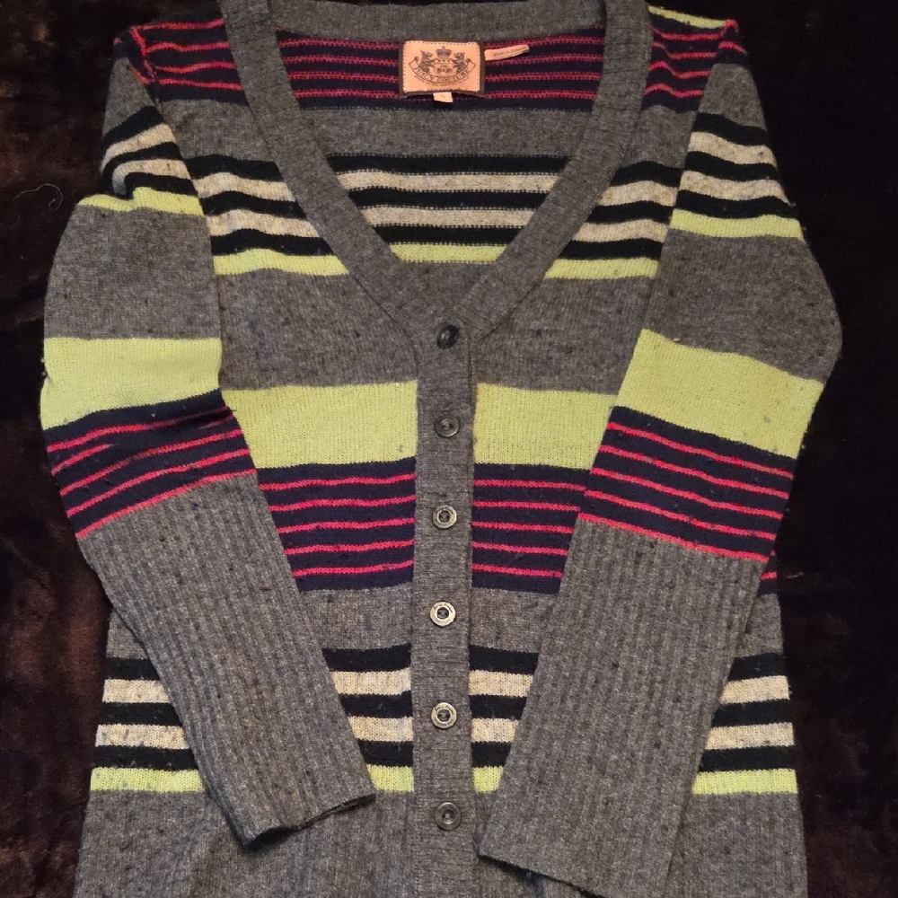 Juicy Couture Gray Boyfriend Cardigan with Pink and Green Stripes